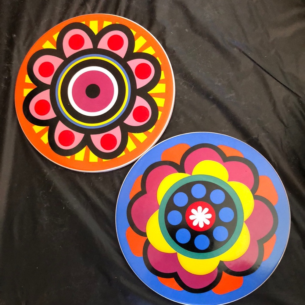 Two Beautiful Bright Colorful Art Round Trivets Wall Hangings Plant Stands